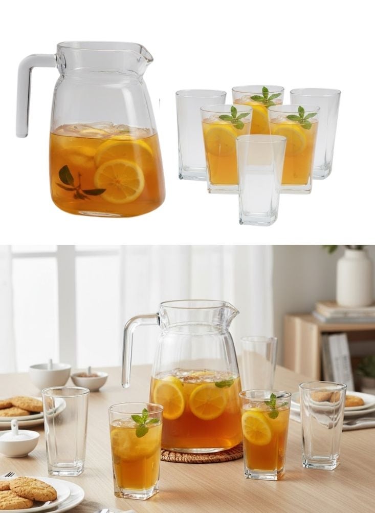 بريميم طقم إبريق شاي مثلج زجاجي مع ستة أكواب مربعة - Image 1